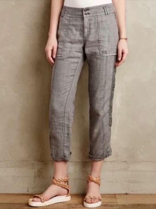 Anthropologie Pants - Linen {Hei Hei · Anthro} Gray Embroidered Low Rise Cargo Pants | 25 · XS · 0